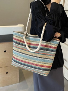 Grand Sac Cabas en Paille Rayures Colorées Anse en Corde de Coton Bohême Été Plage Vacances Sac à Épaule