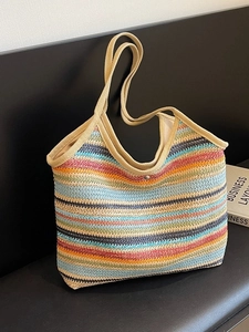 Colorful woven straw tote bag with striped pattern and large capacity for summer beach trips