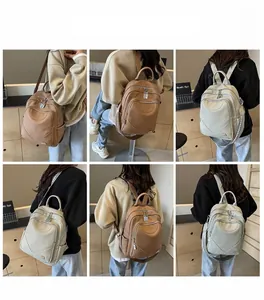 Détails de sacs à dos en cuir PU beige et marron avec fermetures éclair et sangles tissées