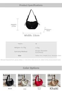Détails des dimensions et couleurs du sac bandoulière en toile en forme de lune pour femme