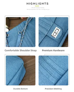 Détail du sac en jean montrant la bandoulière, le fermoir et le fond robuste du sac