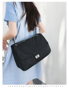 Détail du sac en denim noir avec chaîne argentée et fermoir pivotant sur robe bleue