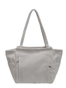 Large capacity grey canvas tote bag with multiple pockets for daily commuting and leisure