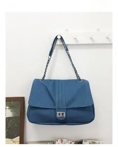 Détail d'un sac à bandoulière en denim bleu avec fermoir rotatif argenté et chaîne métal
