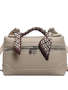 Beige faux leather box bag with silver zippers and elegant letter-print silk scarf handle