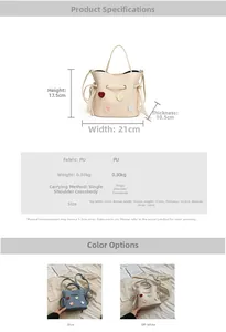 Tableau des tailles détaillé et spécifications du sac seau à cordon avec motif cœur
