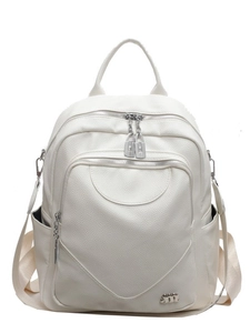 Sac à dos blanc minimaliste en cuir grainé pour femme avec garnitures argentées