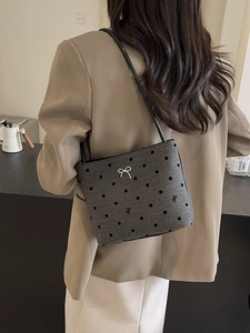 Sac Seau en Toile pour Femmes Motif à Pois Décor de Nœud Sac à Épaule Casual Quotidien Grande Capacité Fourre-Tout Femme