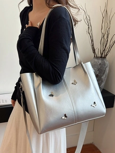 Large Capacity Crinkled PU Leather Tote Bag With Metal Butterfly Decor Fashion Casual Shoulder Bag For Women Work School