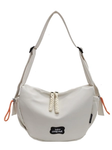 Grand sac bandoulière demi-lune blanc cassé en toile avec cordon orange et logo