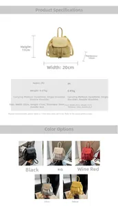 Size chart showing mini backpack dimensions: 20cm width, 17cm height, in PU material