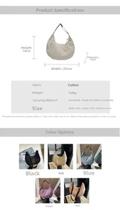 Size chart showing nylon dumpling bag dimensions 25x14x10cm and five color options