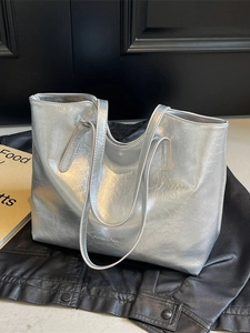 Silver metallic wrinkled leather tote bag with long straps for casual commute and office