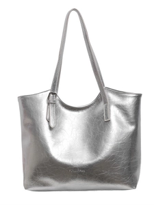 Metallic silver tote bag with pleated texture and long shoulder straps on white background