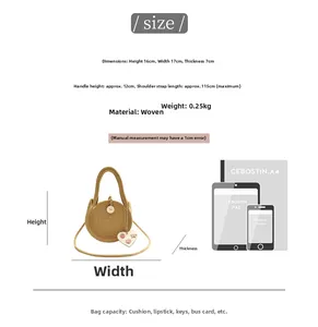 Size guide for woven round handbag showing dimensions and items fit for travel use