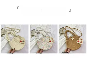 Detailed comparison of round woven straw bags in off-white, white, and khaki colors