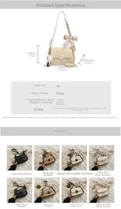Detail view of compact crossbody bag showing dimensions and stylish ribbon bow accent