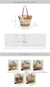 Detailed chart showing straw tote bag dimensions and various lace flower embroidery styles