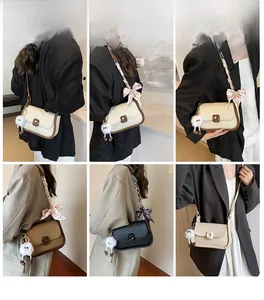 Detailed composite view of vintage leather crossbody bag with silk scarf chain and fur charm
