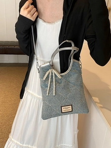 Sac Cabas en Jean pour Femme avec Nœud en Künstliche Perles Matelassé en Losanges Strass Sac Bandoulière Poignée Argentée Sac à Main Mode Coréenne