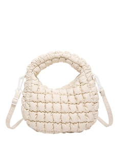 Chic beige bubble quilted dumpling bag with adjustable strap and top handle design