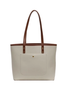 Minimalist cream tote bag with large capacity and brown straps on white background