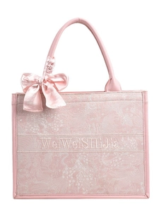 Sac cabas rose en jacquard floral avec nœud en satin et ruban tissé pour femme