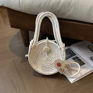 Women Woven Straw Bag Round Crossbody Bag Hand-woven Shoulder Bag With Heart Strawberry Charm Rural Vacation Beach Handbag