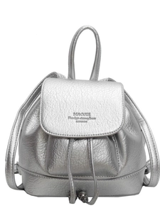 Silver metallic pebble leather backpack with drawstring and top handle for women