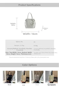 Infographic showing PU leather bucket bag dimensions, weight, and four color variants