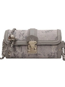 Gray jacquard cylinder bag with coral pattern, metal chain strap and M logo lock