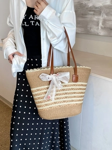 Women Straw Woven Tote Bag Large Capacity Lace Bow Summer Beach Shoulder Bag Casual Vacation Travel Handbag