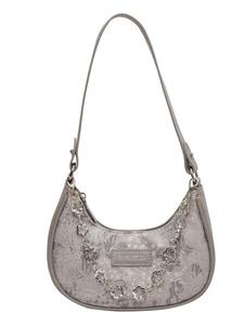 Sac sous le bras croissant gris clair en tissu jacquard fleuri avec chaîne fleurie argentée