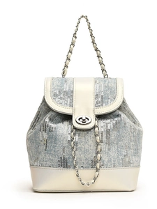 Light blue sequin drawstring backpack with silver hardware and white leather trim