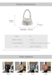 Detailed dimensions and four color variants of the canvas bucket bag with woven handle
