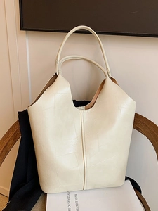 Grand sac fourre-tout crème avec patchwork géométrique et poignées cylindriques chic