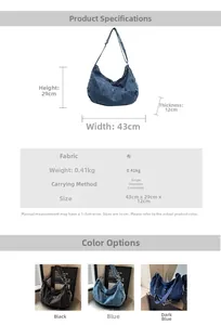 Detailed size chart and multi-color comparison of the large denim dumpling shoulder bag