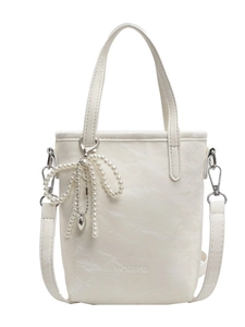 Chic beige mini tote bag with marble texture, pearl bow charm and detachable strap