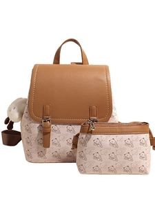 Ensemble sac à dos femme à motif ours avec petite pochette zippée et pompon blanc décoratif