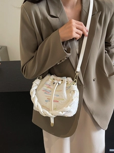 Women Fashion Canvas Bucket Bag With Colorful Embroidery Braided Handle Drawstring Crossbody Bag Elegant Shoulder Bag