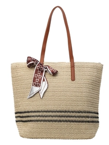 Grand sac cabas en paille à rayures noires, anses en cuir et détail foulard ours