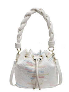 Chic cream canvas bucket bag with colorful wavy embroidery and woven handle
