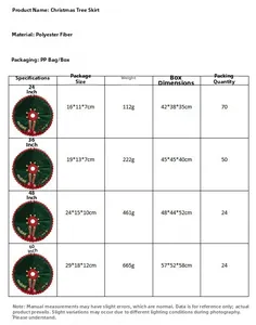 Tabella taglie per gonna per albero di Natale elfo in varie dimensioni e pesi