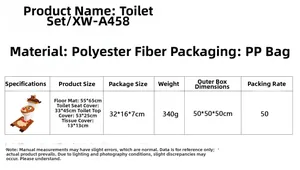 Detailed size chart for Christmas reindeer themed 4-piece bathroom rug and toilet cover set