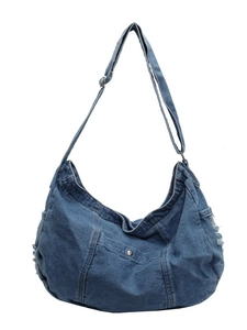 Large dark blue denim hobo bag with adjustable strap and distressed vintage aesthetic