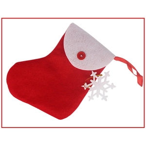 Christmas stocking gift bag with red handle white snowflake pendant and button detail