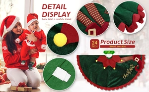 Dettaglio del tappeto per albero di Natale verde 60cm con bordo rosso e ricami