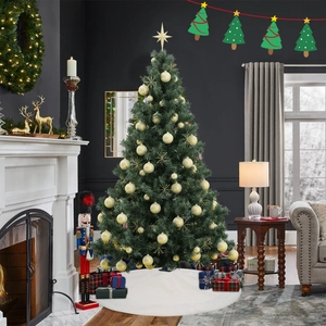Árbol de Navidad con falda de piel sintética blanca, adornos dorados y cajas de regalo