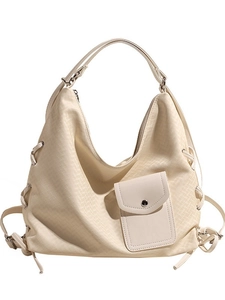 Sac à dos fourre-tout beige grande capacité avec cordons latéraux et poche à rabat