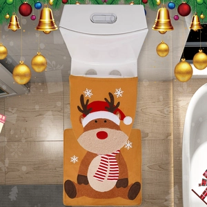 Ensemble Couvercle de Toilette et Tapis de Noël Renne Motif de Renne Festif en Polyester Peluche Douce Décoration de Salle de Bain Ornement de Maison